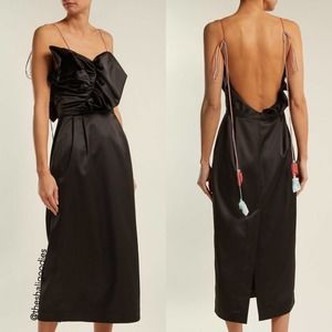 ANNA OCTOBER Ruffled Satin Midi Dress Black